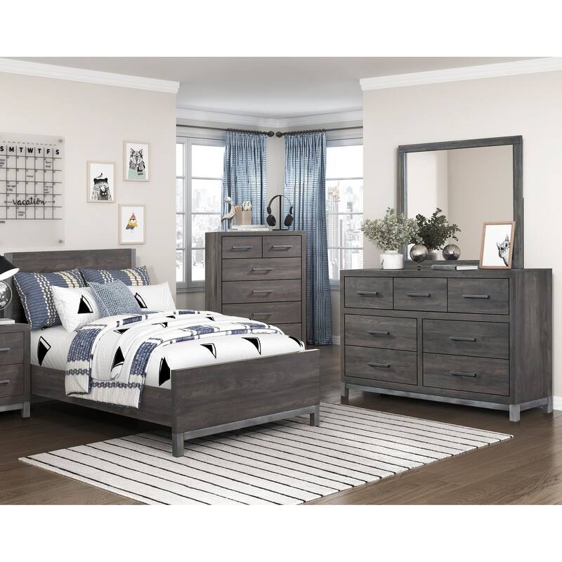 4pc Bedroom Set Bed Dresser Mirror Chest Brown Gray Furniture