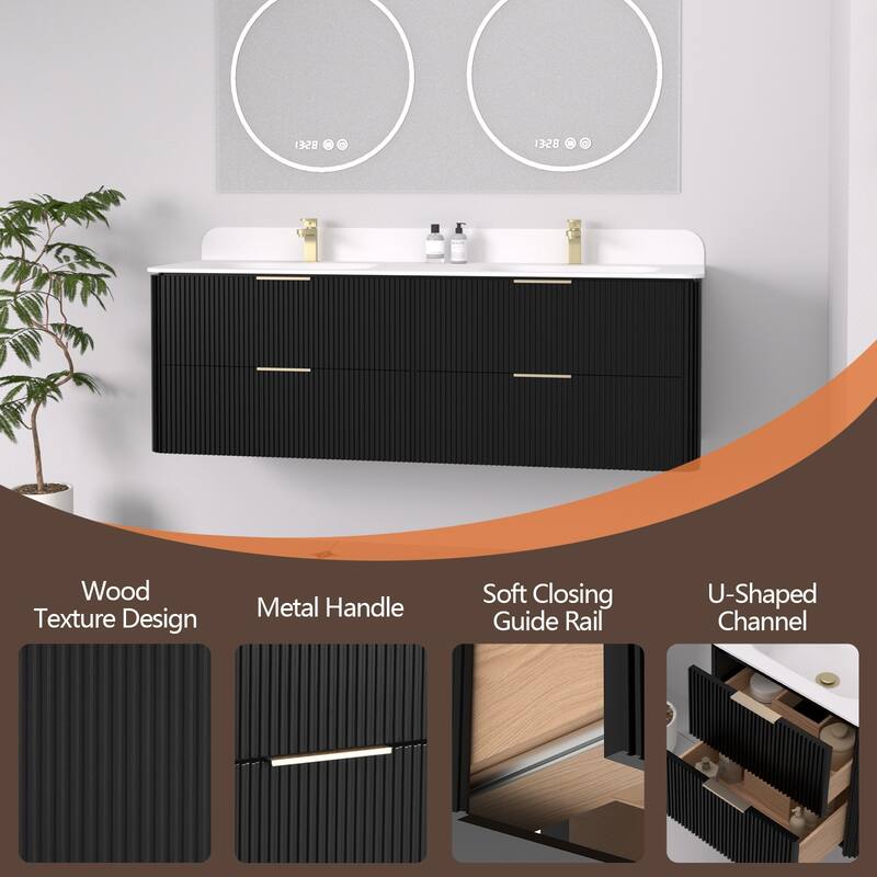 60" Floating Bathroom Vanity with Integrated countertop Rectangulare Sink Solid Wood - 60 inch