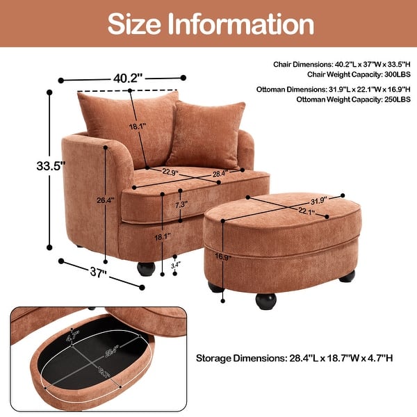 dimension image slide 3 of 11, 40.2" Modern Chenille Accent Chair,Comfy Reading Chair with Storage Ottoman