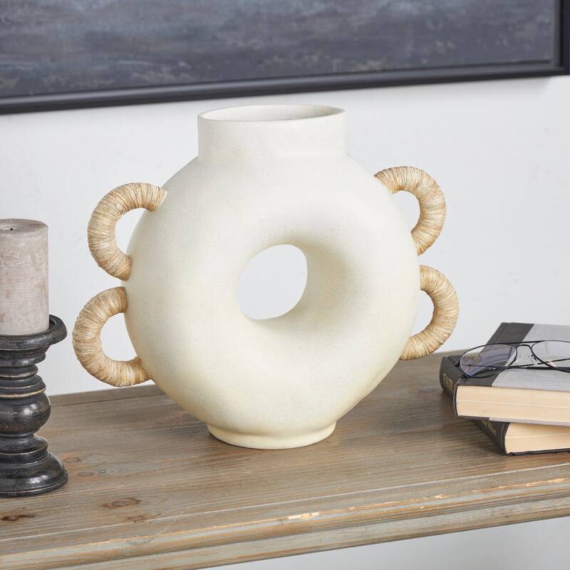 Cream Resin Round Speckled Vase with Woven Inspired Arched Handles and Cutout Opening - Cream - 16"W, 13"H