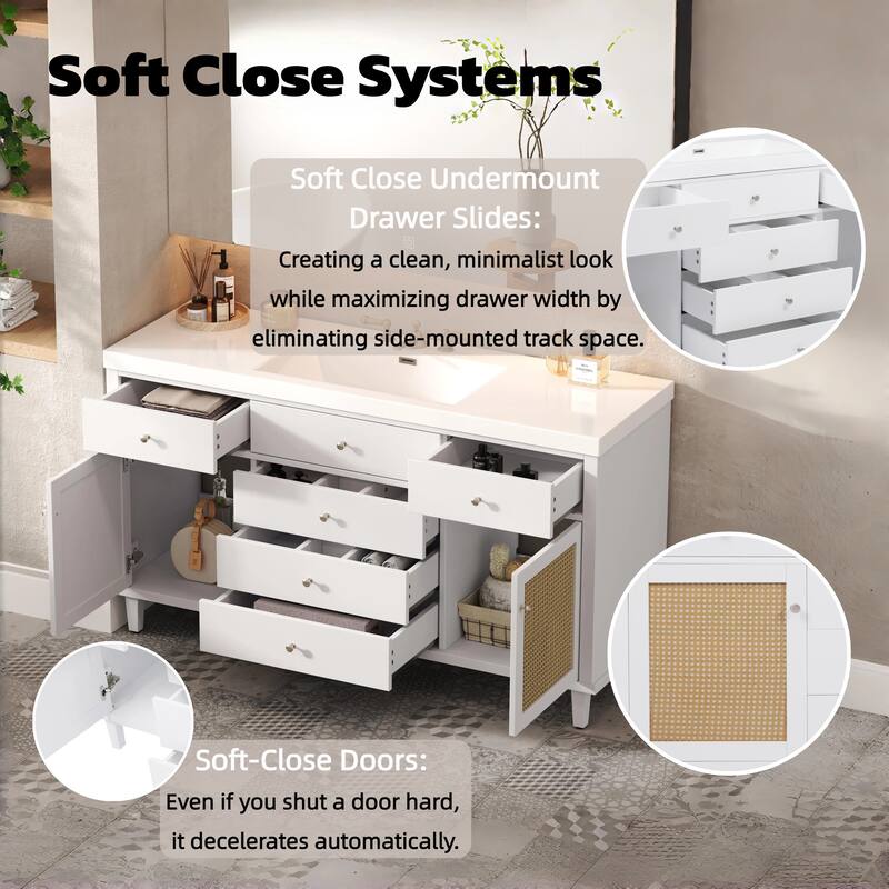 60 Inch Bathroom Vanity with Single SMC Sink, 5 Soft-Close Drawers, Rattan Door Cabinets, Freestanding Cabinet with Pine Legs