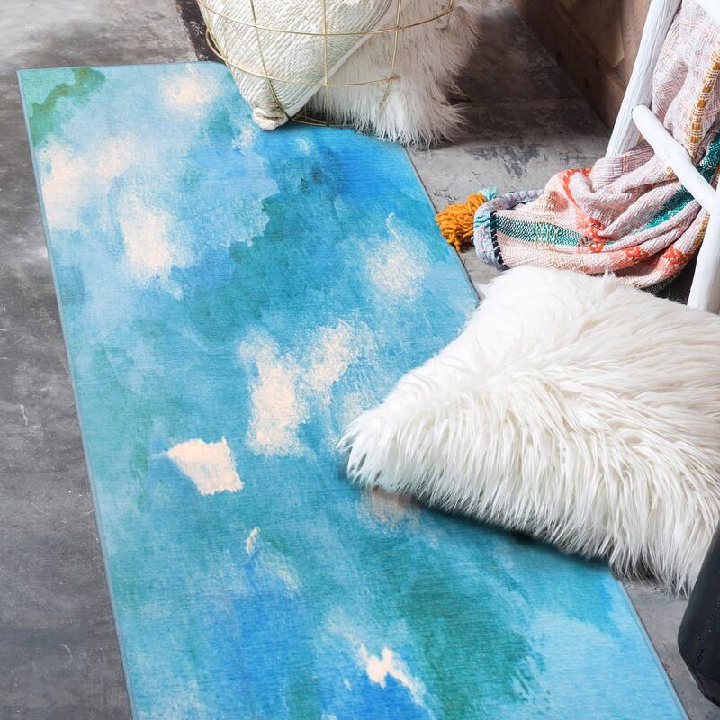 My Magic Carpet Machine Washable Rug Watercolor Aqua Blue - 2.5' X 7'