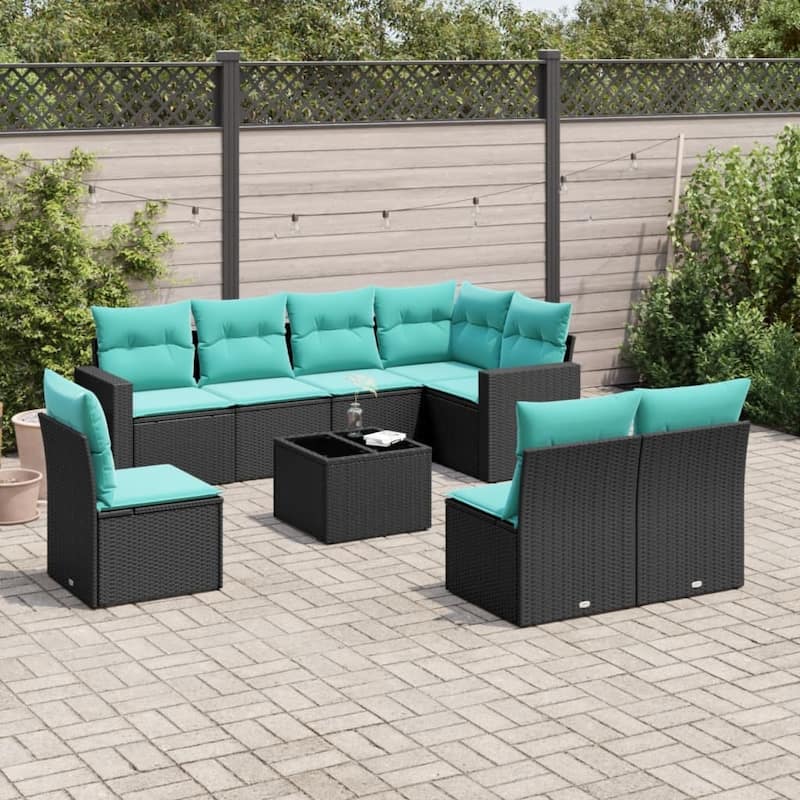 vidaXL 8/9 Piece Patio Sofa Set with Cushions Black Poly Rattan - 24.4" x 24.4" x 27.2" - Black and blue-With table