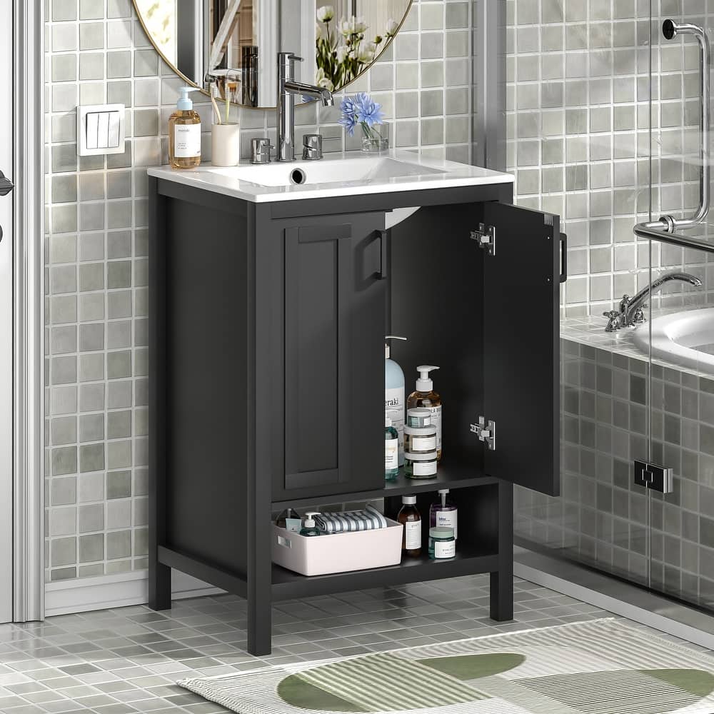 Anmytek 24'' Single Bathroom Vanity Cabinet with Ceramic Sink Combo Bathroom Storage Cabinet With Soft Close Doors