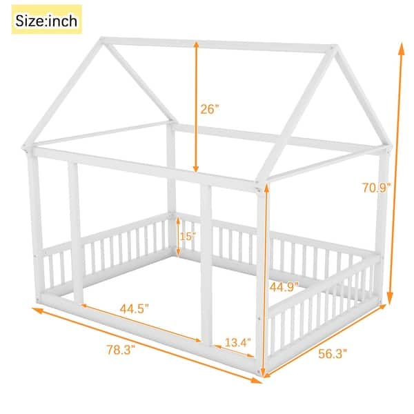 dimension image slide 1 of 2, Full Size Floor Wooden Bed with House Roof Frame and Safety Guardrails