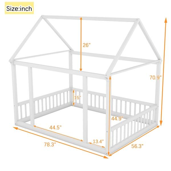 White Full Size Pine Wood Floor Bed with House Roof & Guardrails