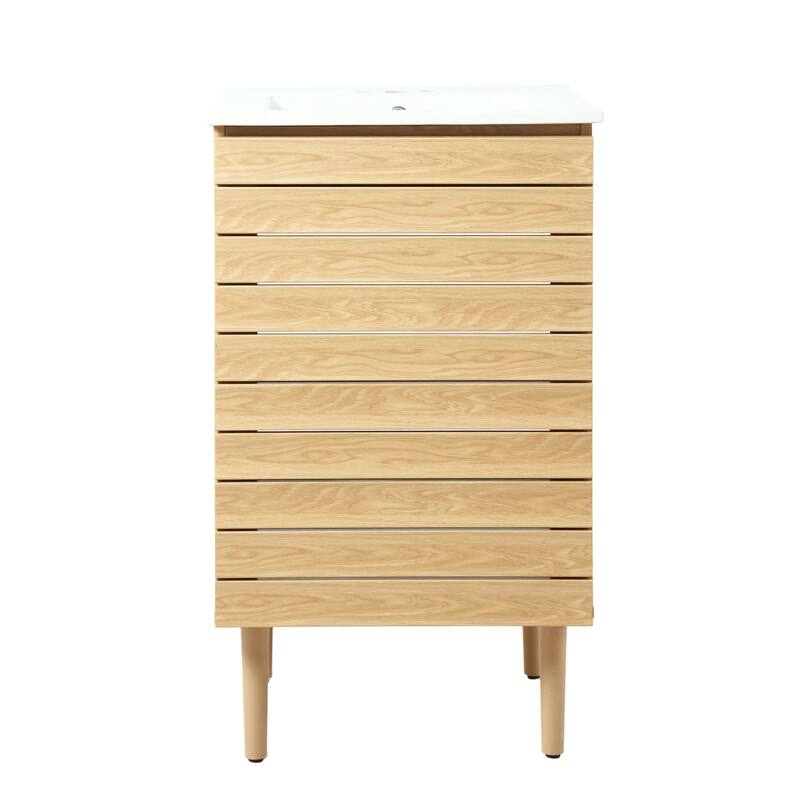 Calandre Thick Linear Slat Modern Farmhouse 2-Shelf Bath Vanity Cabinet Only (Sink Basin not Included), by JONATHAN Y - 20 in. - Oak