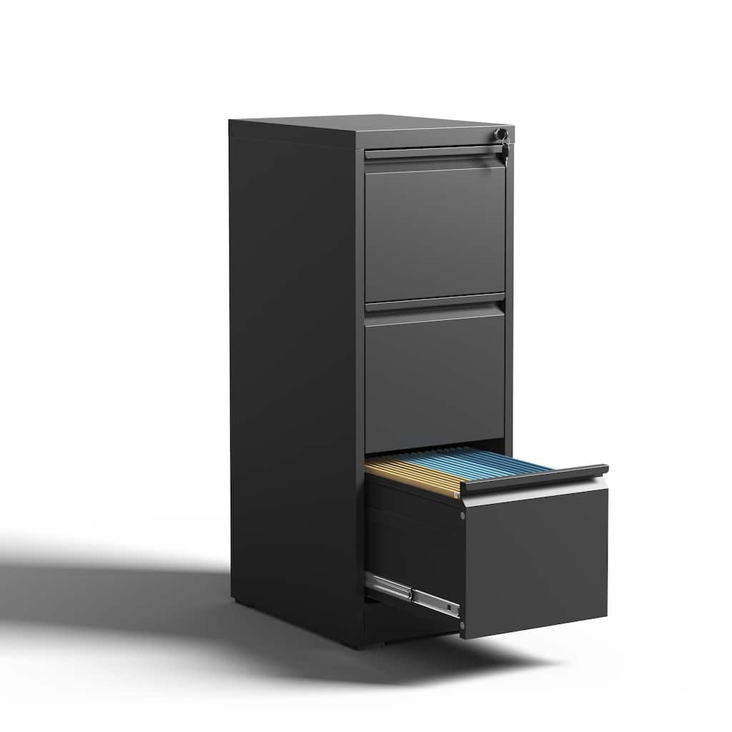 Anmytek Black 3 Drawer Vertical File Cabinet with Lock Anti Tip Design Letter and Legal Size Storage