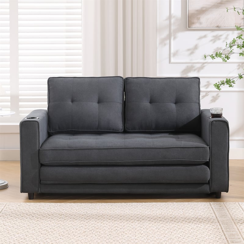 3-in-1 Foldable Convertible Upholstered Futon Sofa w/ Side Pockets