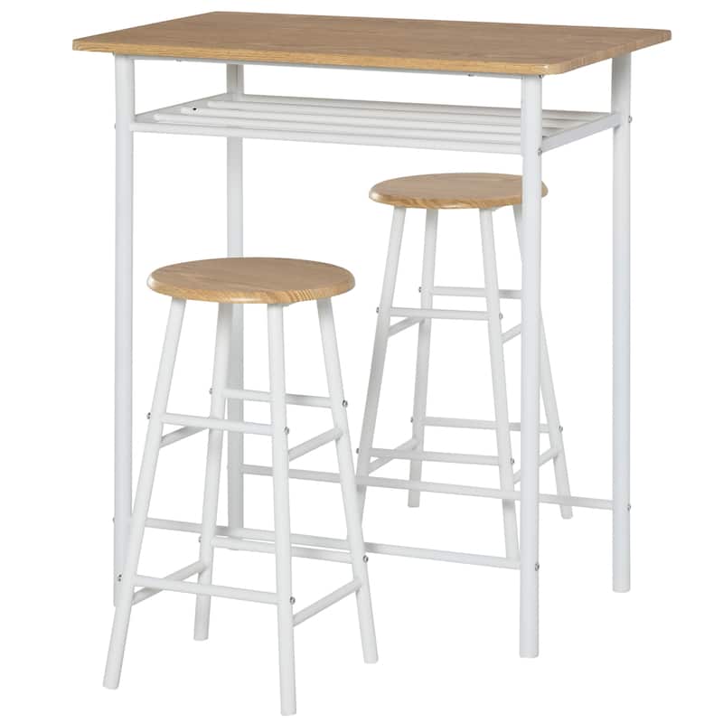 HOMCOM 3 Piece Bar Height Dining Furniture Set with 1 Table, 2 Matching Stools and Metal Frame Footrest