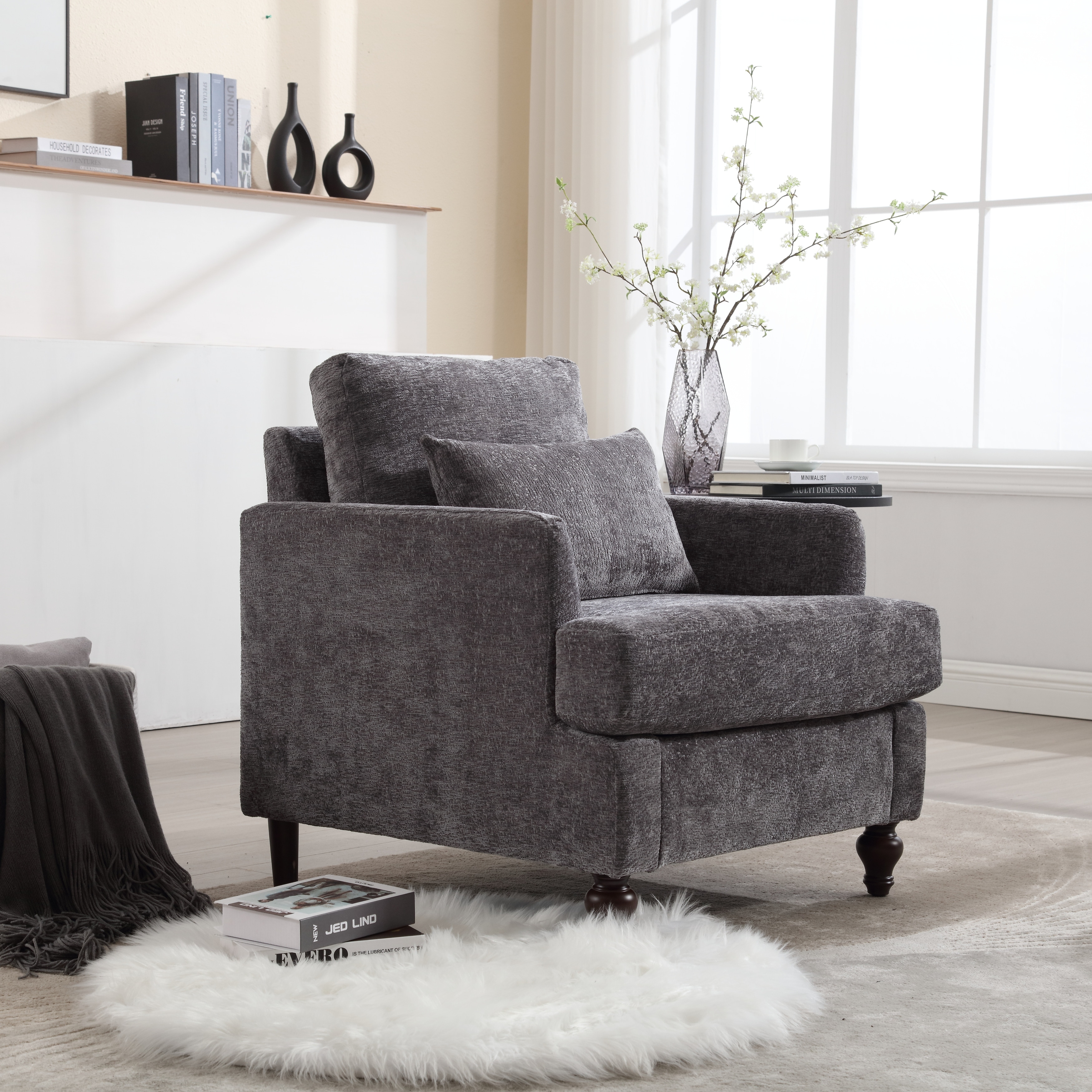 Tufted Club Chair Office Chair, Vintage Sofa Chair Armchair Leisure Chair Accent Chair with Wooden Frame, Gray