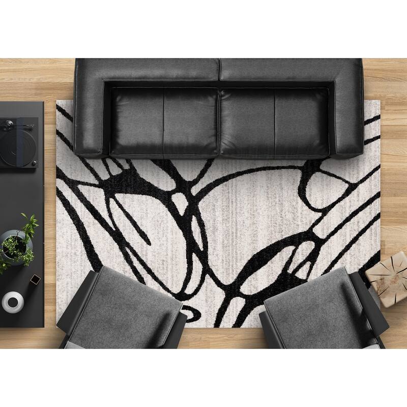 Ellis Collection - Modern Swirls Grey Black Area Rug