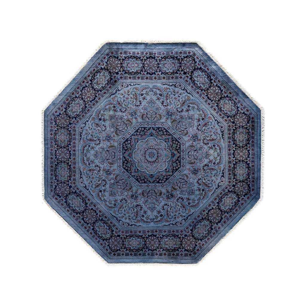 Overton Hand Knotted Wool Vintage Inspired Modern Contemporary Overdyed Blue Round Area Rug - 4' 3" x 4' 4"