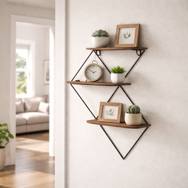 Metal Wood 3-tier Diamond Wall Shelf - Brown, 21" - 21.0"