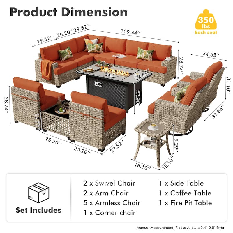 HOOOWOOO 13-piece Outdoor Wicker Furniture Swivel Chair Set with 54" Fire Pit Table