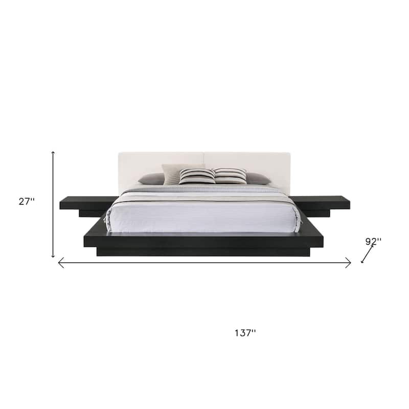 HomeRoots Black and White Wood And Faux Leather King Bed Frame With Attached Nightstands