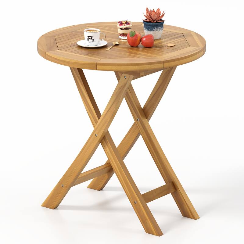 Gymax Patio Teak Wood Dining Table 27.5'' Round Side Table w/ Slatted - Natural