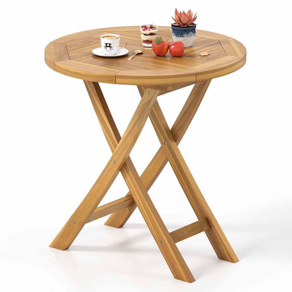 Gymax Patio Teak Wood Dining Table 27.5'' Round Side Table w/ Slatted