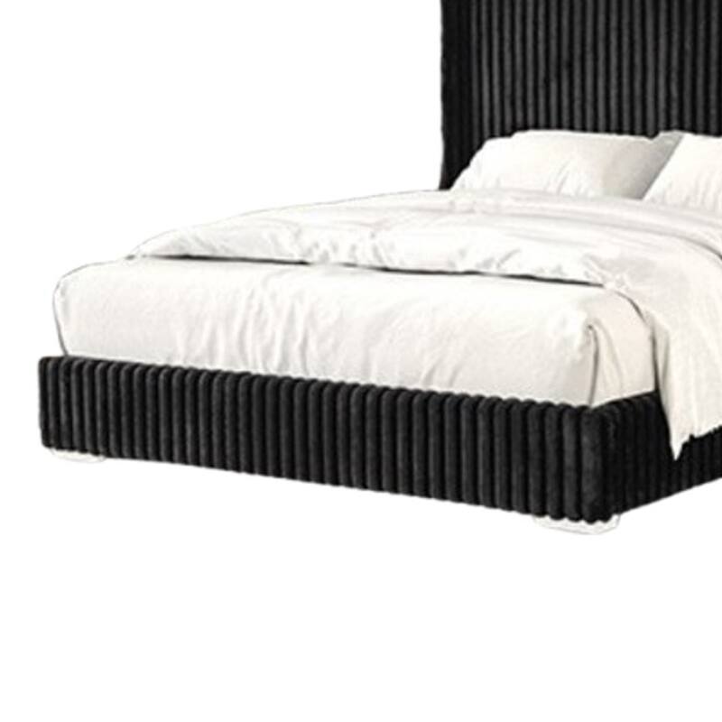 Wolo Full Bed, Black Fur Chenille Ribbed Upholstery, Wing Headboard