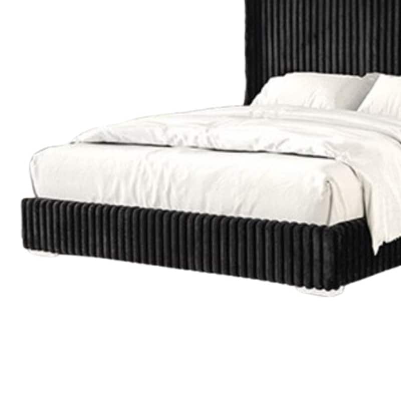 Wolo King Bed, Black Fur Chenille Ribbed Upholstery, Wing Headboard