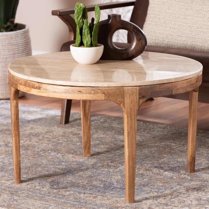 Prospero Round Travertine Coffee Table - Modern Accent Table with Mango Wood Frame for Living Room or Seating Areas