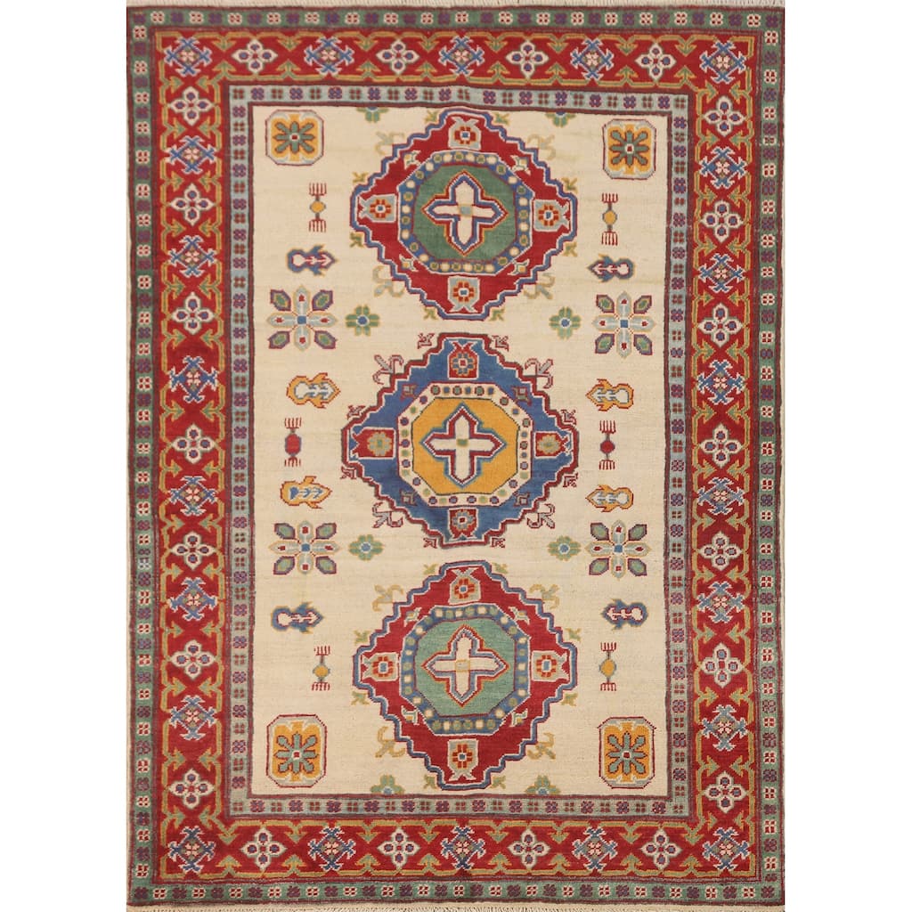 Beige Geometric Kazak Area Rug Hand-Knotted Wool Carpet - 4'2" x 5'9"
