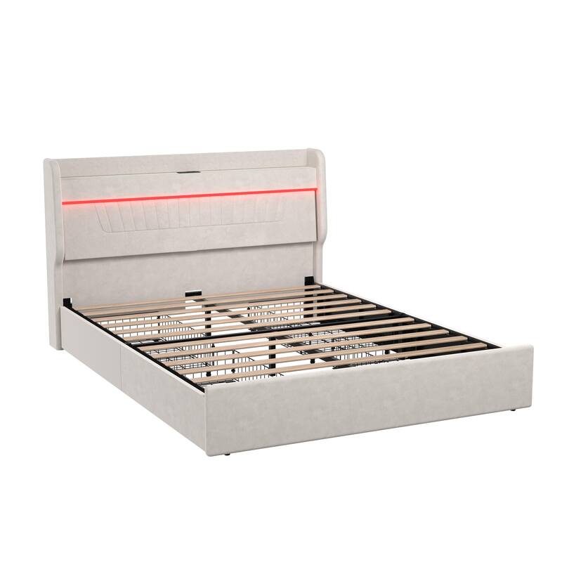 Queen Velvet Platform Bed with LED Lights and Charging Station