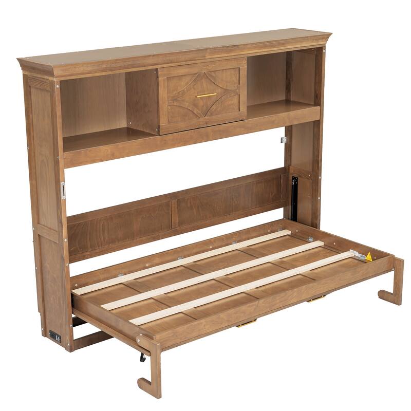 Twin Size Murphy Bed with Charging Station, Drawer, and Storage Cabinets, Wood Finish