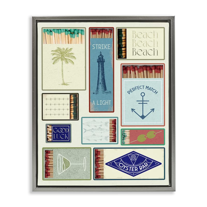 Stupell Nautical Theme Matchboxes Framed Floater Canvas Wall Art Design By Lil' Rue - 17 x 21 - Grey