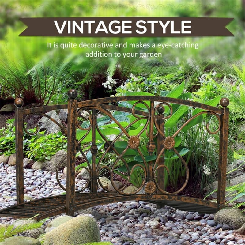 Vintage Style Curved Steel Garden Bridge with Decorative Side Rails for Ponds Walkways and Gardens Rust Brown