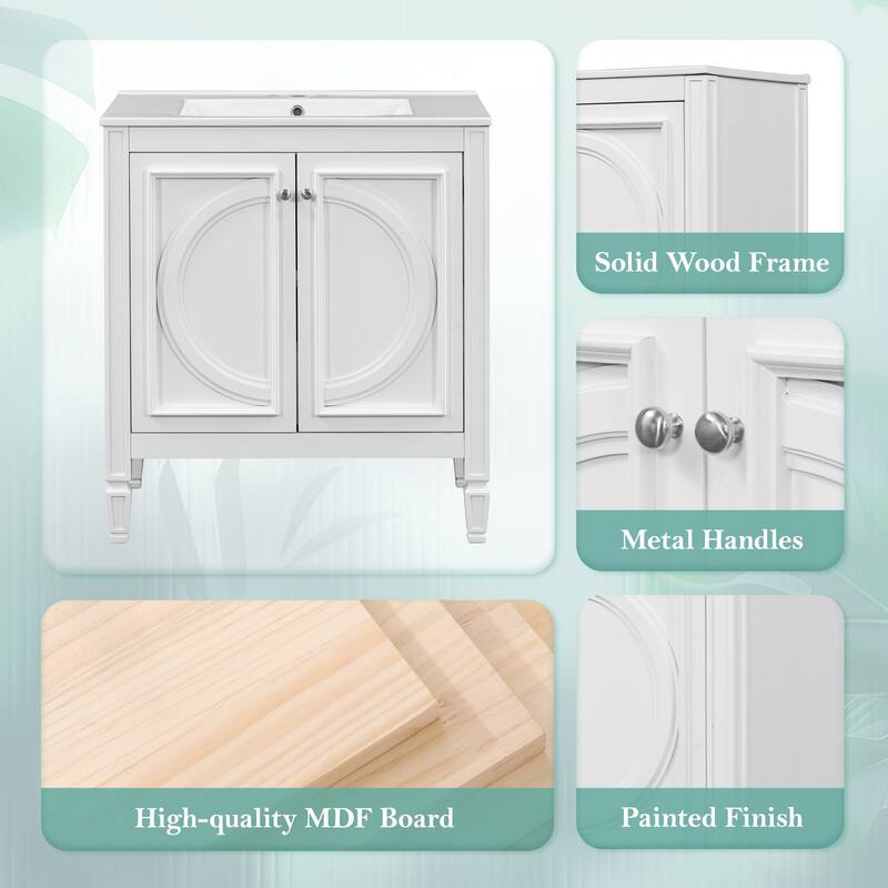 30" Freestanding Bathroom Vanity with Vintage Style, Ceramic Sink, 2 Doors, Soft-Close Hinges