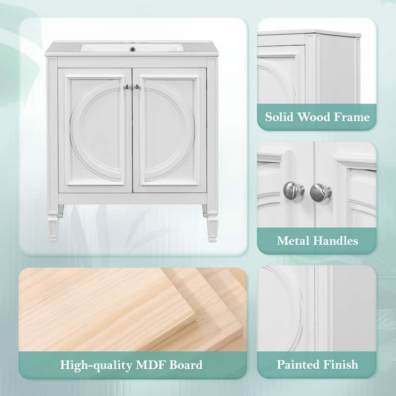 Green 30-Inch Freestanding Vanity with Ceramic Sink, Soft-Close Doors, Adjustable Shelf, and Retro Legs
