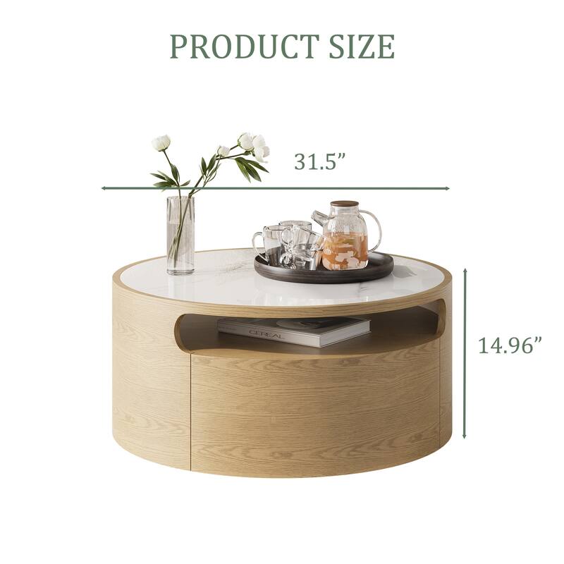 31.5" Modern Light Wood Round Coffee Table, with 2 Drawers, Solid Wood Texture, Fully Assembled