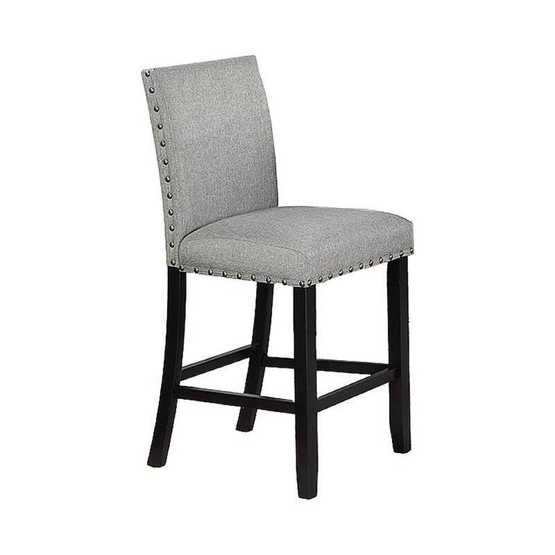 Sie 24 Inch Counter Height Chair, Nailhead Trim, Gray Fabric, Black Wood