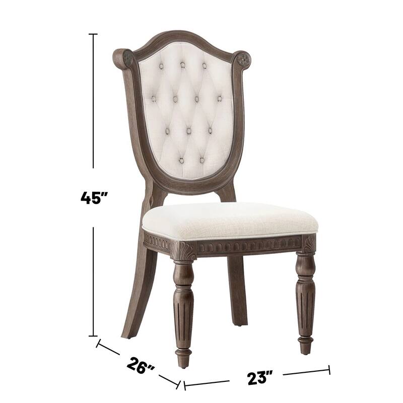 Set of 2 Upholstered Dining Chairs with Diamond Button Tufted Back in Weathered Oak and Beige