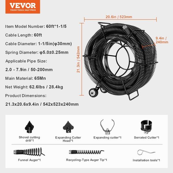 VEVOR 66FT X 5/8Inch Drain Cleaning Cable With 7 Cutters For 0.8\" To 3.9\" Pipes, Hollow Core Sewer Auger Cable For Sink, Floor Drain, Toilet