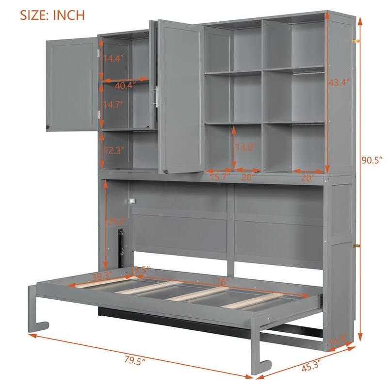 Twin Size Murphy Bed Wall Bed with Top Cabinet and LED Light, Space Saving Foldable Murphy Cabinet Bed w/ Storage Shelves & USB