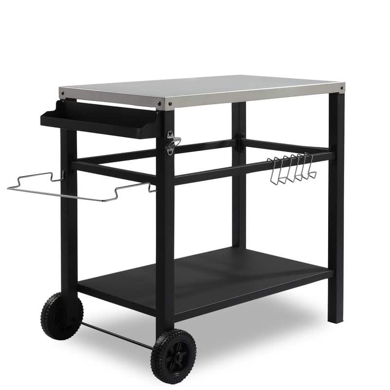 Outdoor Grill Cart Movable BBQ Trolley Food Prep Cart with Two Wheels & Hooks - Silver