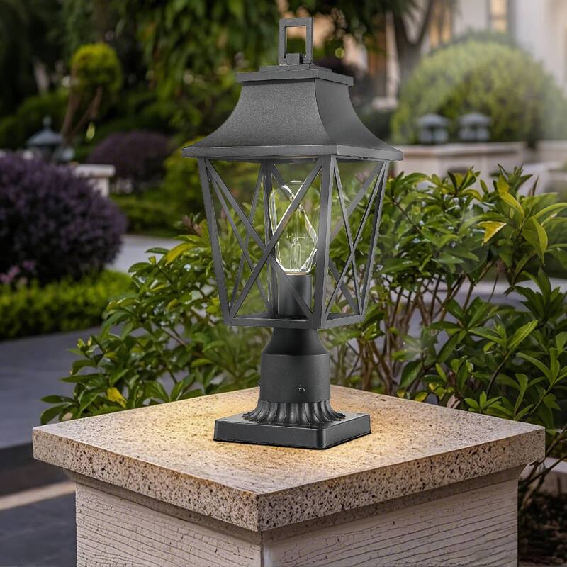 Modern Black Outdoor Post Light Fixture with Pier Mount Base, Outdoor Column Lamp Post Lantern with Glass
