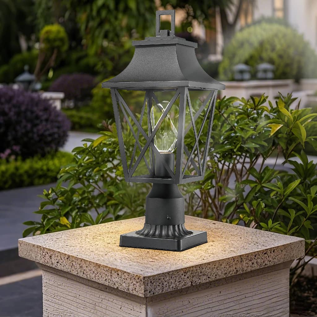 Modern Black Outdoor Post Light Fixture with Pier Mount Base, Outdoor Column Lamp Post Lantern with Glass