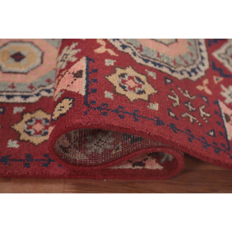 Geometric Red Kazak Oriental Runner Rug Handmade Wool Carpet - 2'5"x 8'1"