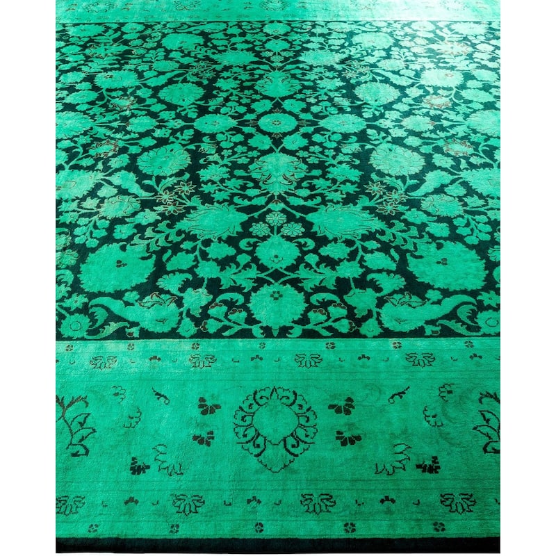 Overton Hand Knotted Wool Vintage Inspired Modern Contemporary Overdyed Green Area Rug - 9' 0" x 12' 1"