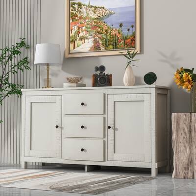 Retro Solid Wood Buffet Cabinet with 2 Storage Cabinets, Adjustable Shelves and 3 Drawers, Multifunctional Sideboard