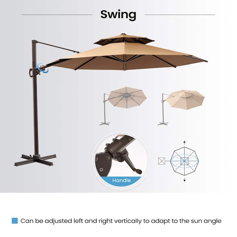 11 ft Outdoor Aluminum Dual Top Solar Powered LED Lighted Patio Cantilever Umbrella and Weighted Base