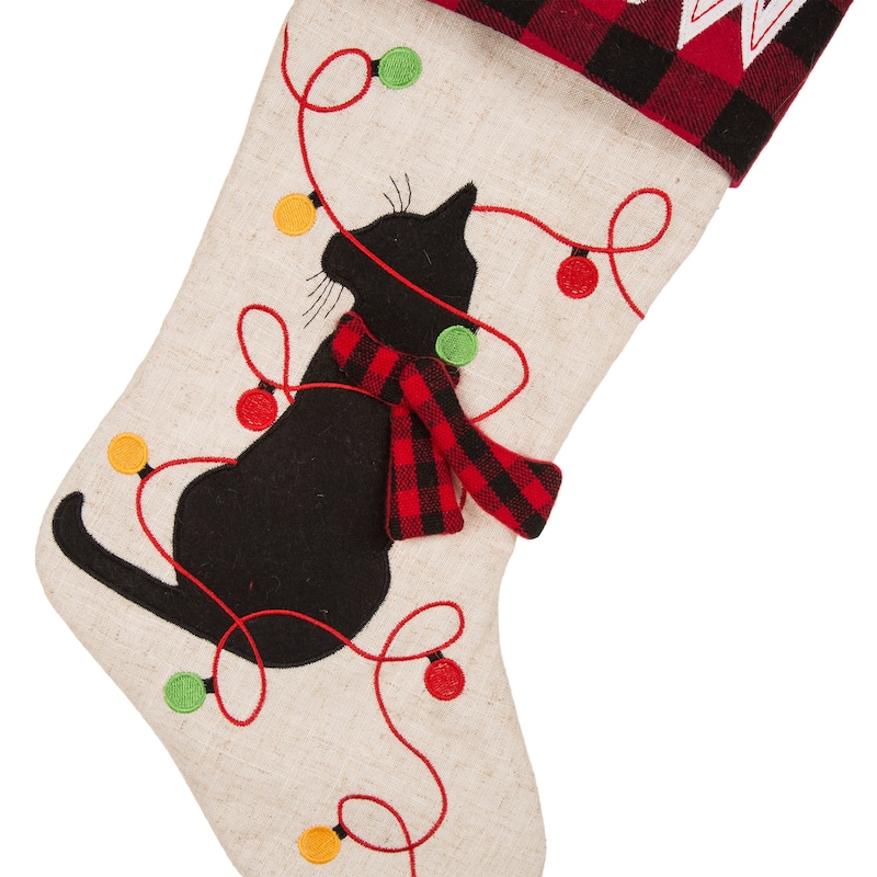 Glitzhome 21"L LED Embroidered Linen Reindeer Cat Dog Christmas Stockings