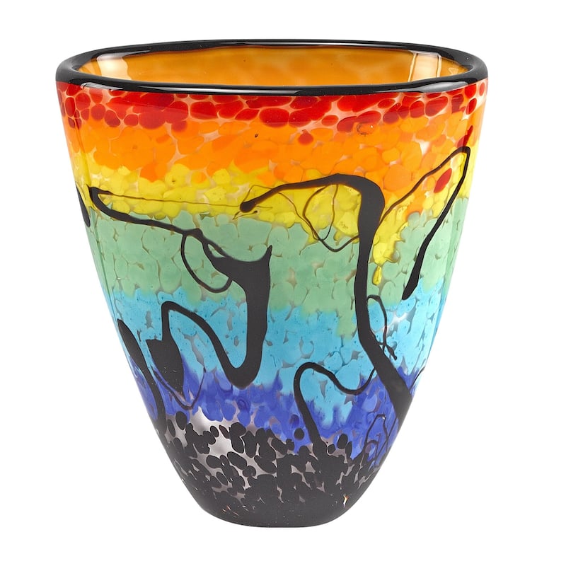 HomeRoots 8" Red Orange Blue And Black Blue Abstract Oval Murano Glass Table Vase