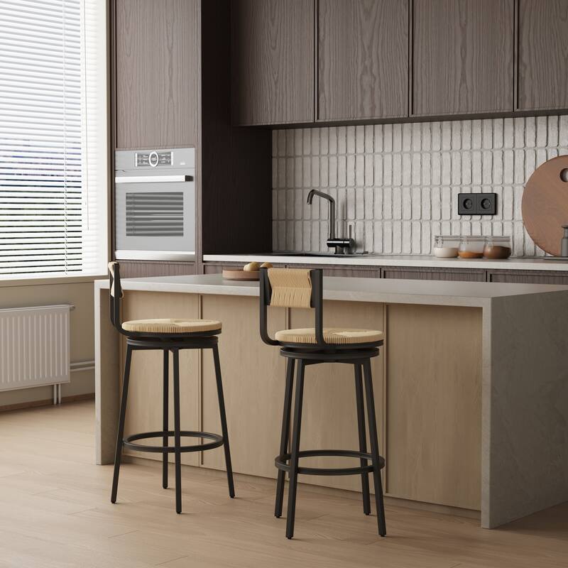 Modern Bar Stools Swivel Counter Chairs with Metal Frame Set of 2 Hand Woven Paper Rope Dining Barstools for Kitchen Counter - Honey