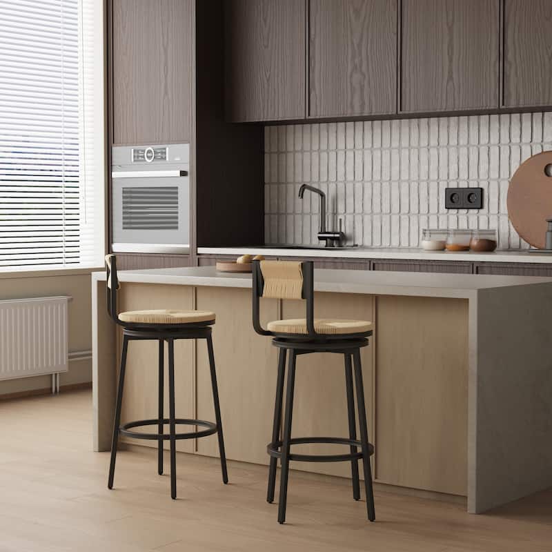 Set of 2 Honey Swivel Bar Stools, Handwoven Paper Rope with Back, Rustic Counter Chairs for Dining & Kitchen