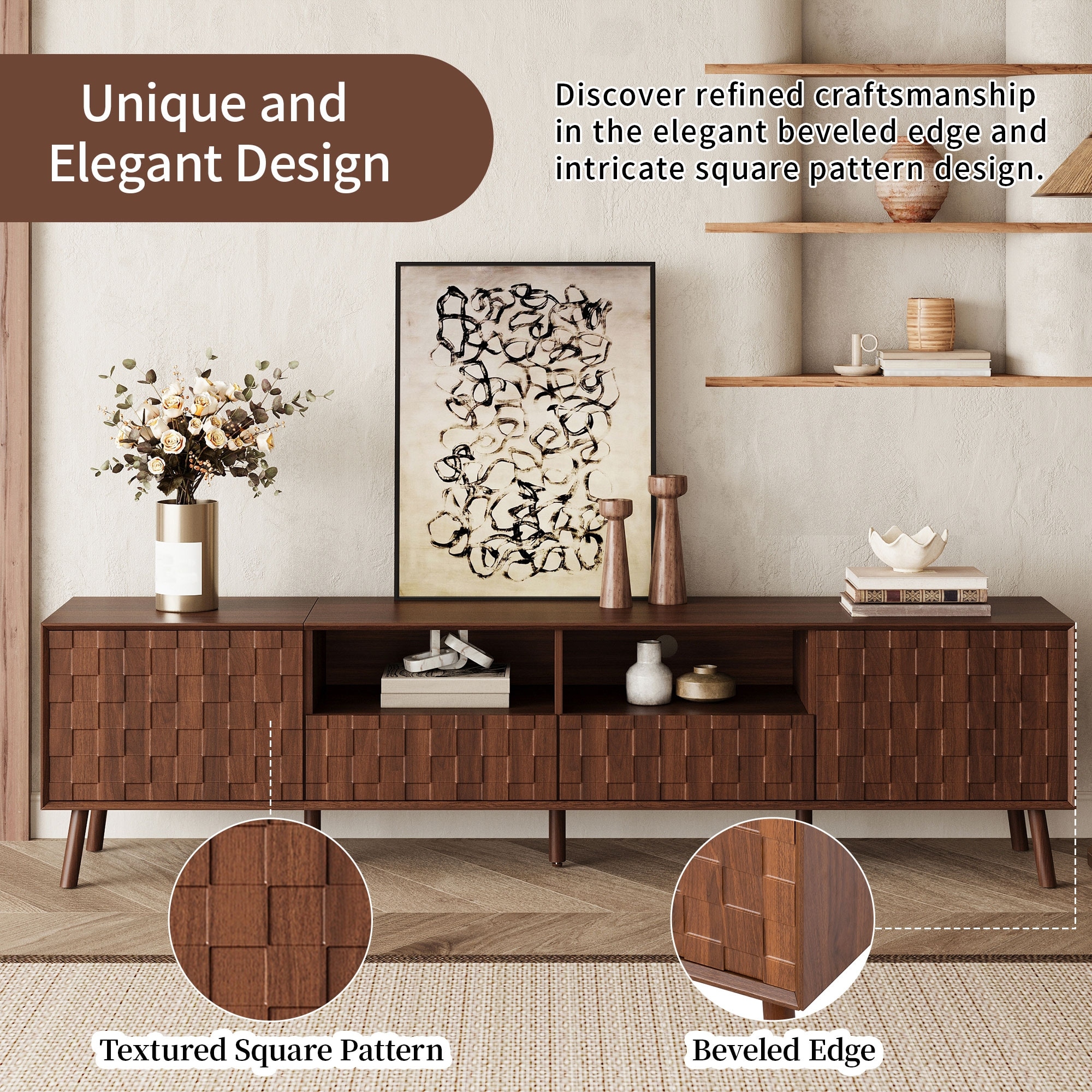 Walnut TV Stand for up to 85" Television, Living Room TV Console Media Cabinet with Solid Wood Legs, Drawers and Wire Hole - 78"