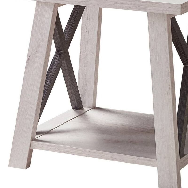Tess 22 Inch Farmhouse End Table, 1 Shelf, Wood, White Oak, Distressed Grey - 20 L x 22 W x 22 H Inches